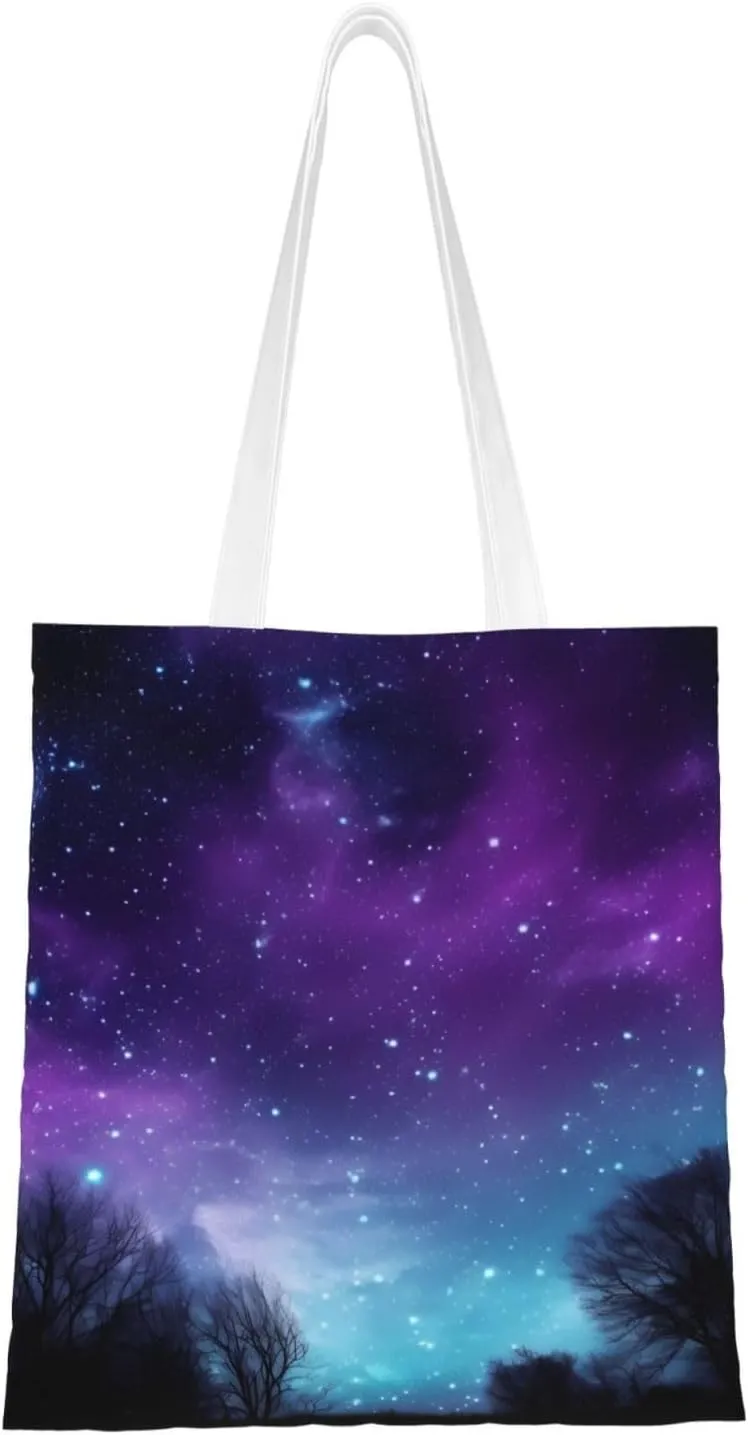 Canvas Tote Bag Aesthetic for Women Purple Starry Sky Shopping Bags Large Tote Shoulder Bag Reusable Grocery Bags Hobo Bags Casual Handbags Cute Cloth Bags Birthday Gifts