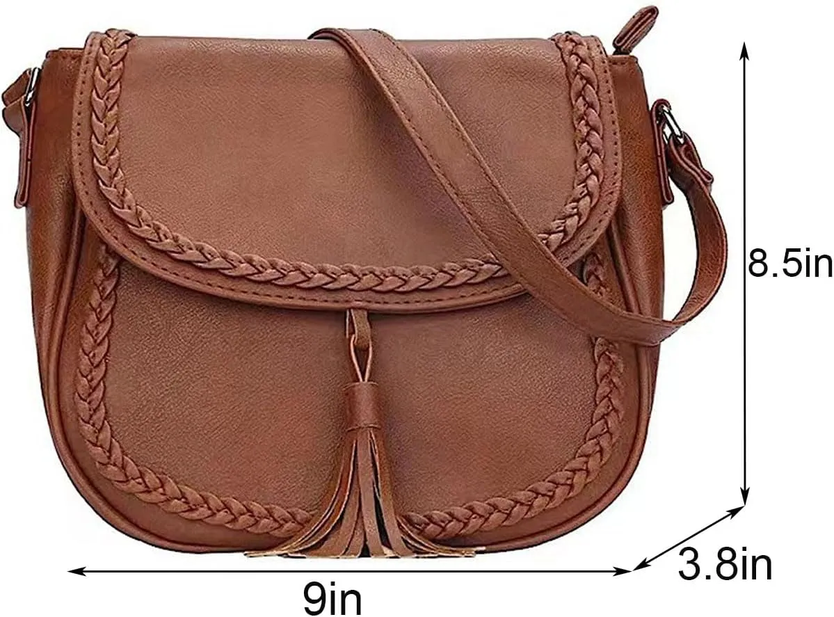 Casual Flap Saddle Crossbody Bags for Women Braid Shoulder Bags Purses and Handbags with Tassel