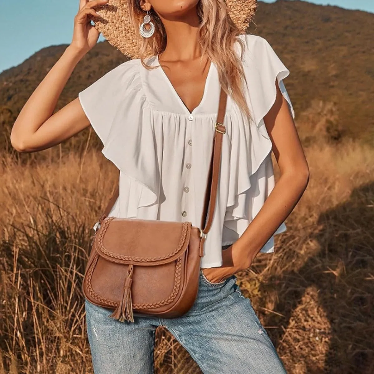 Casual Flap Saddle Crossbody Bags for Women Braid Shoulder Bags Purses and Handbags with Tassel