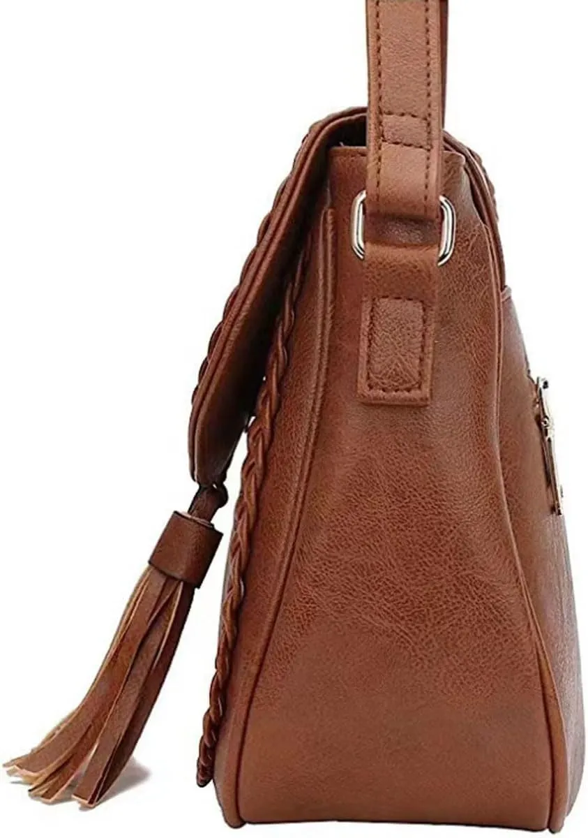 Casual Flap Saddle Crossbody Bags for Women Braid Shoulder Bags Purses and Handbags with Tassel