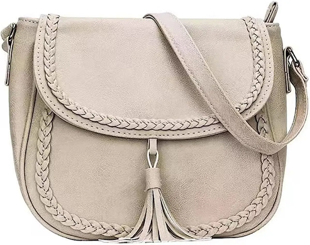 Casual Flap Saddle Crossbody Bags for Women Braid Shoulder Bags Purses and Handbags with Tassel