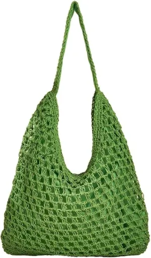 Casual Woven Straw Shoulder & Large Bucket Hobo Tote Handbags for Women Top Handle Purse