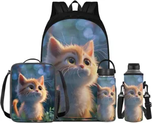 Cat Backpacks for Girls 10-12 with Lunchbox Water Bottle Sleeve and Insulated Water Bottle Kids Back to School Backpack 4 in 1 School Bag