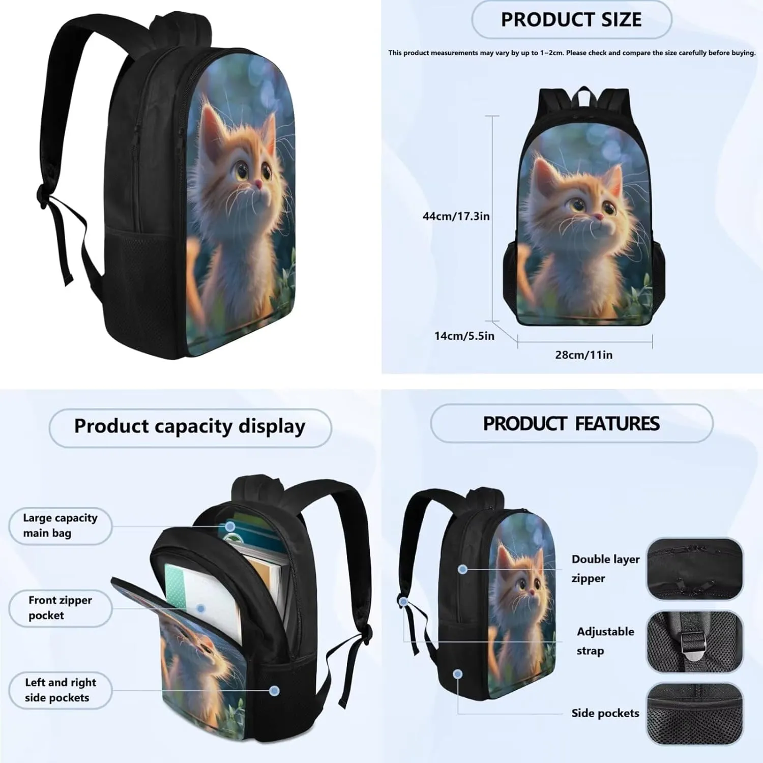 Cat Backpacks for Girls 10-12 with Lunchbox Water Bottle Sleeve and Insulated Water Bottle Kids Back to School Backpack 4 in 1 School Bag