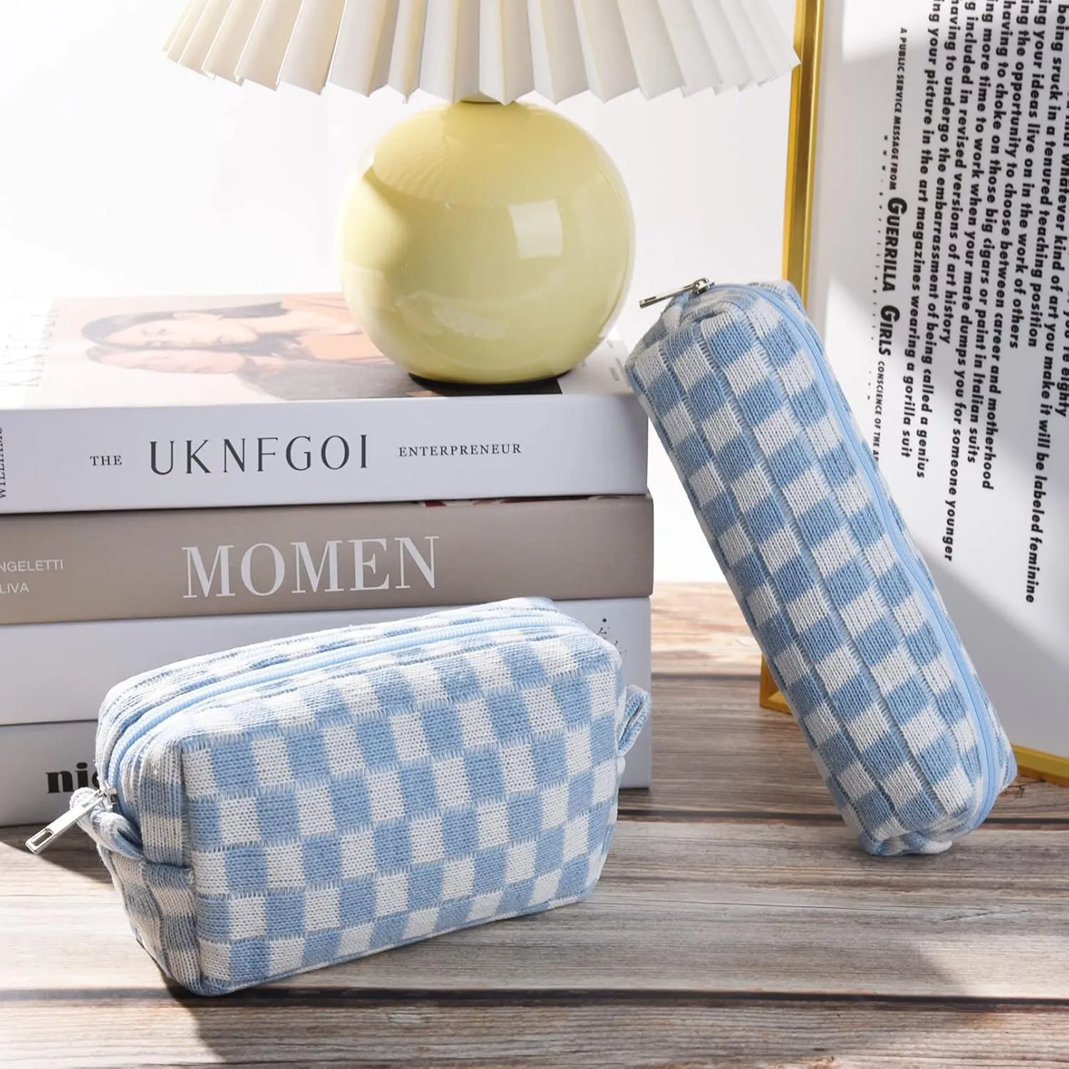 Checkered Cosmetic Bag and Makeup Brush Storage Bag - Large Capacity Travel Toiletry Organizer
