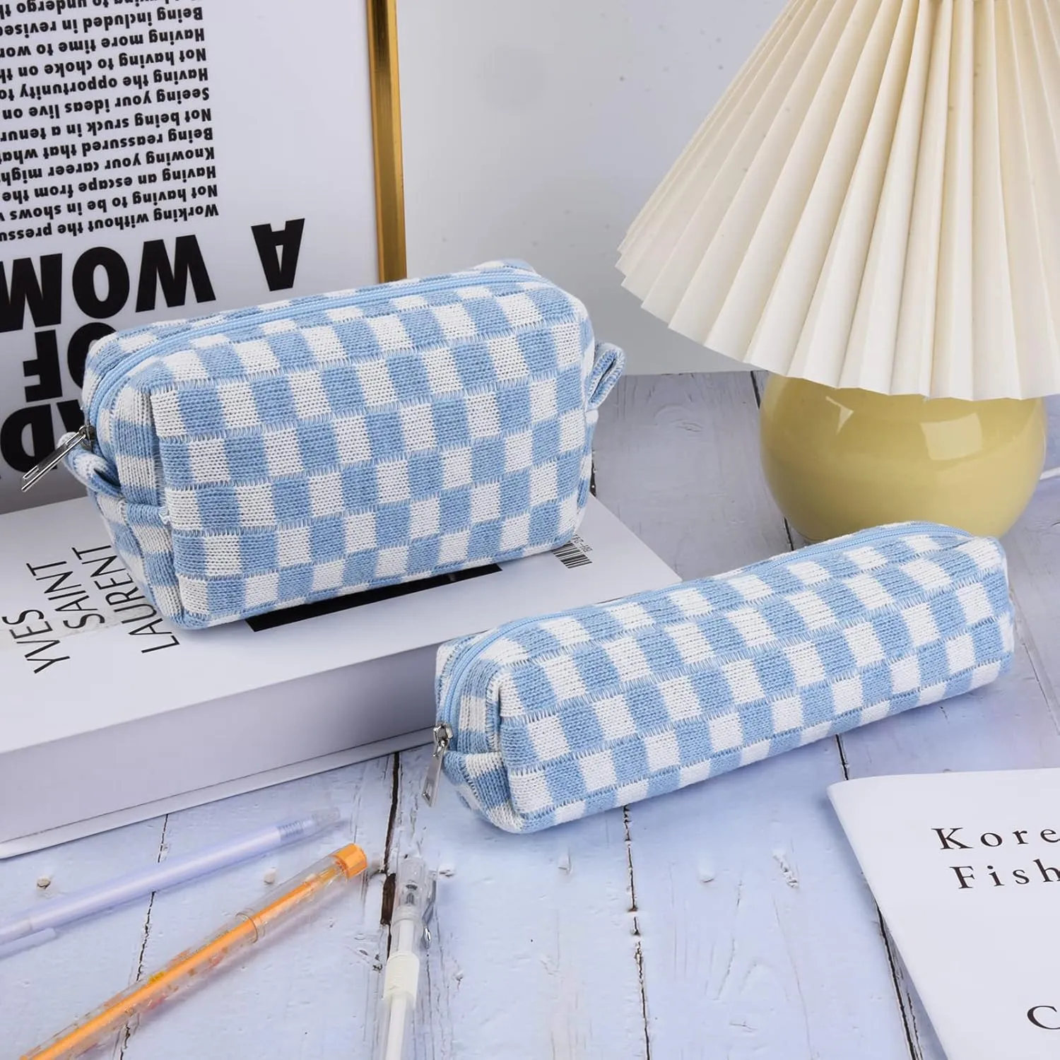 Checkered Cosmetic Bag and Makeup Brush Storage Bag - Large Capacity Travel Toiletry Organizer