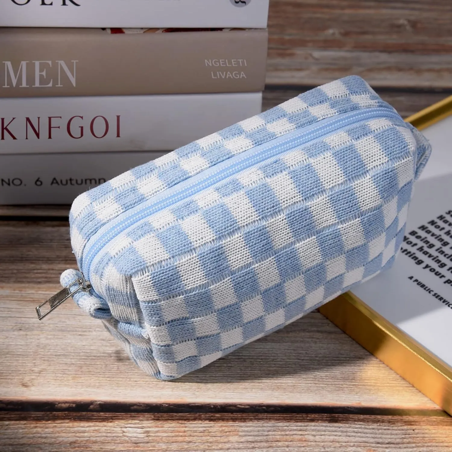 Checkered Cosmetic Bag and Makeup Brush Storage Bag - Large Capacity Travel Toiletry Organizer