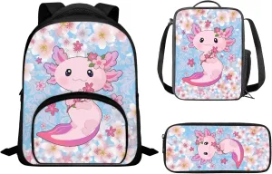 CLOHOMIN Breathable Kids Backpacks for Girls Axolotl Cherry Blossom School Bookbag 3-in-1 Large Capacity Shoulder Bookbags Cooler Warm Lunch Food Container Pencil Case