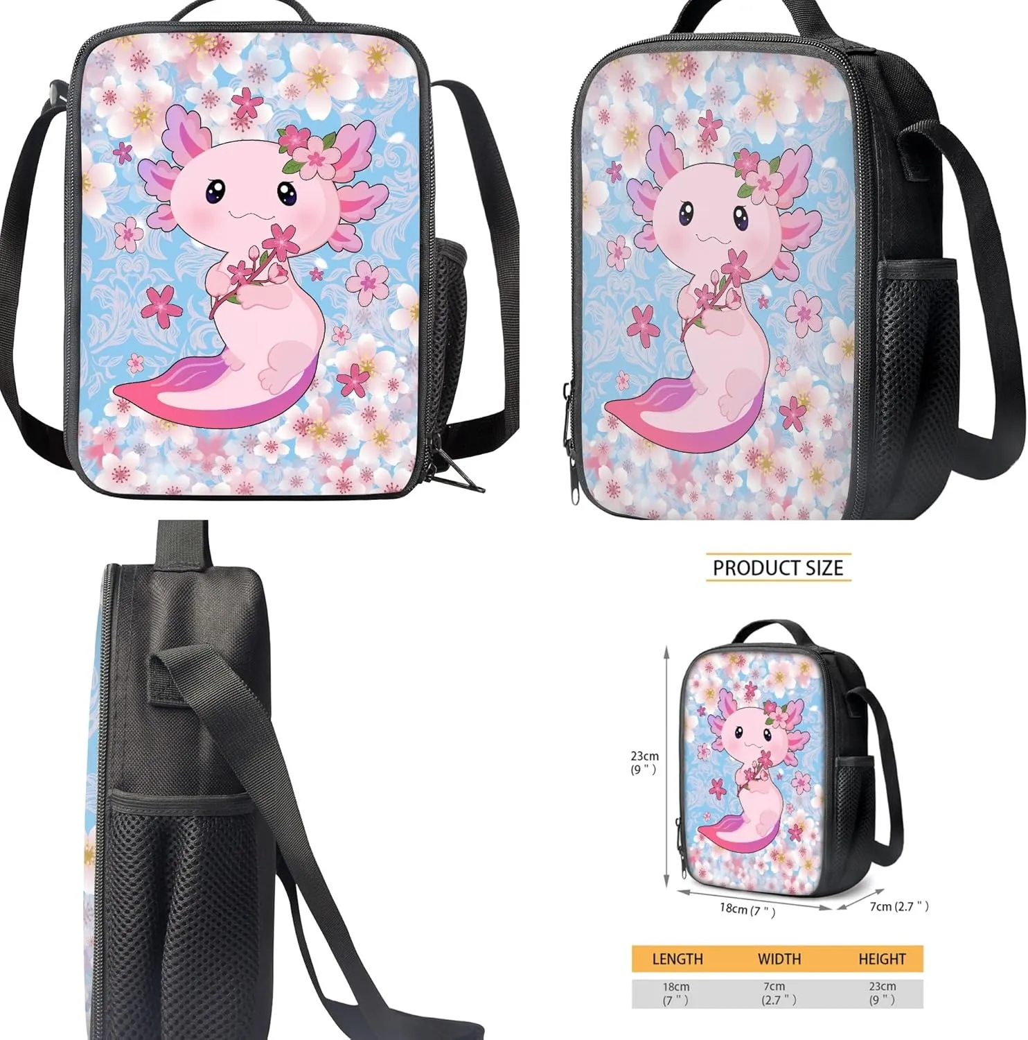 CLOHOMIN Breathable Kids Backpacks for Girls Axolotl Cherry Blossom School Bookbag 3-in-1 Large Capacity Shoulder Bookbags Cooler Warm Lunch Food Container Pencil Case