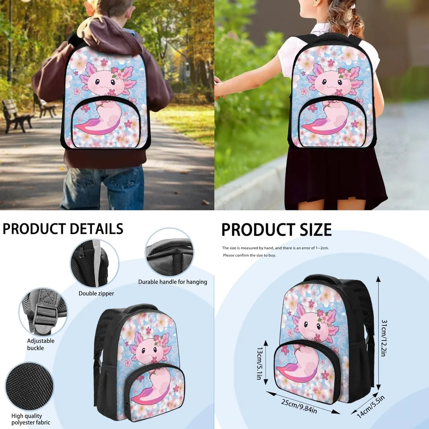 CLOHOMIN Breathable Kids Backpacks for Girls Axolotl Cherry Blossom School Bookbag 3-in-1 Large Capacity Shoulder Bookbags Cooler Warm Lunch Food Container Pencil Case