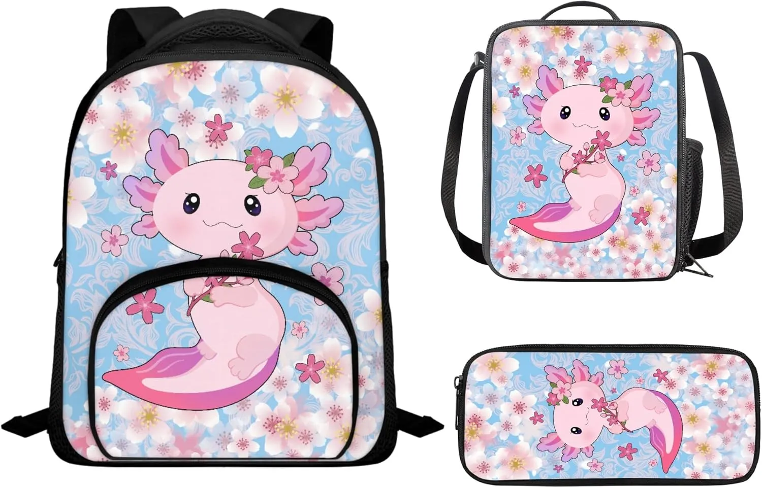 CLOHOMIN Breathable Kids Backpacks for Girls Axolotl Cherry Blossom School Bookbag 3-in-1 Large Capacity Shoulder Bookbags Cooler Warm Lunch Food Container Pencil Case