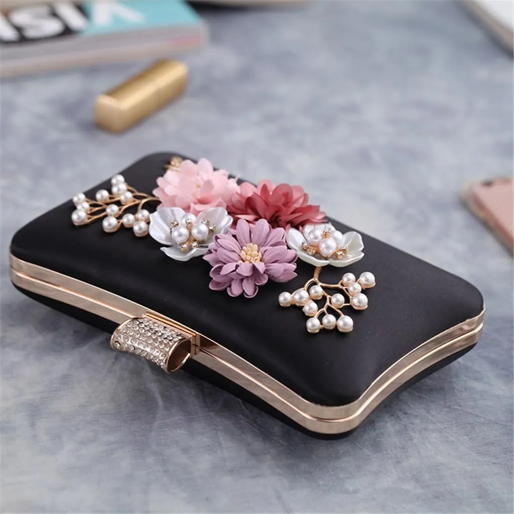 Clutch Floral Polyester Evening Bag Pearl Chain Small Square Bag Women's