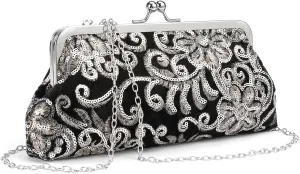 Clutch Purse for Women Floral Embroidery Sequin Evening Bags Elegant Kiss Lock Wedding Party Cocktail