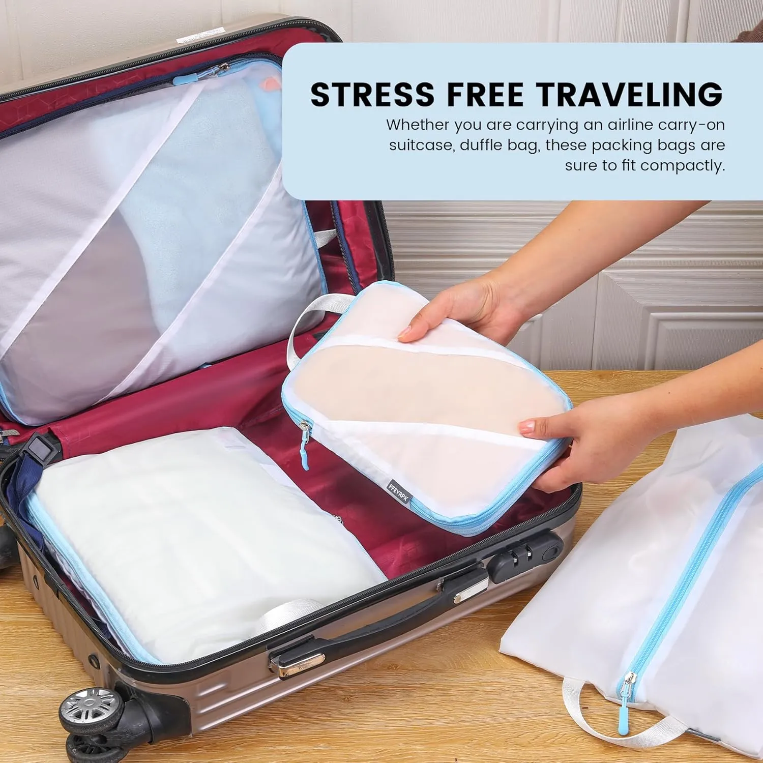 Compression Packing Cubes Set of 6, Travel Luggage Organizer for Suitcase, Packing Organizers for Travel Accessories, Breathable See Through Mesh, Durable Lightweight with Shoe Bags