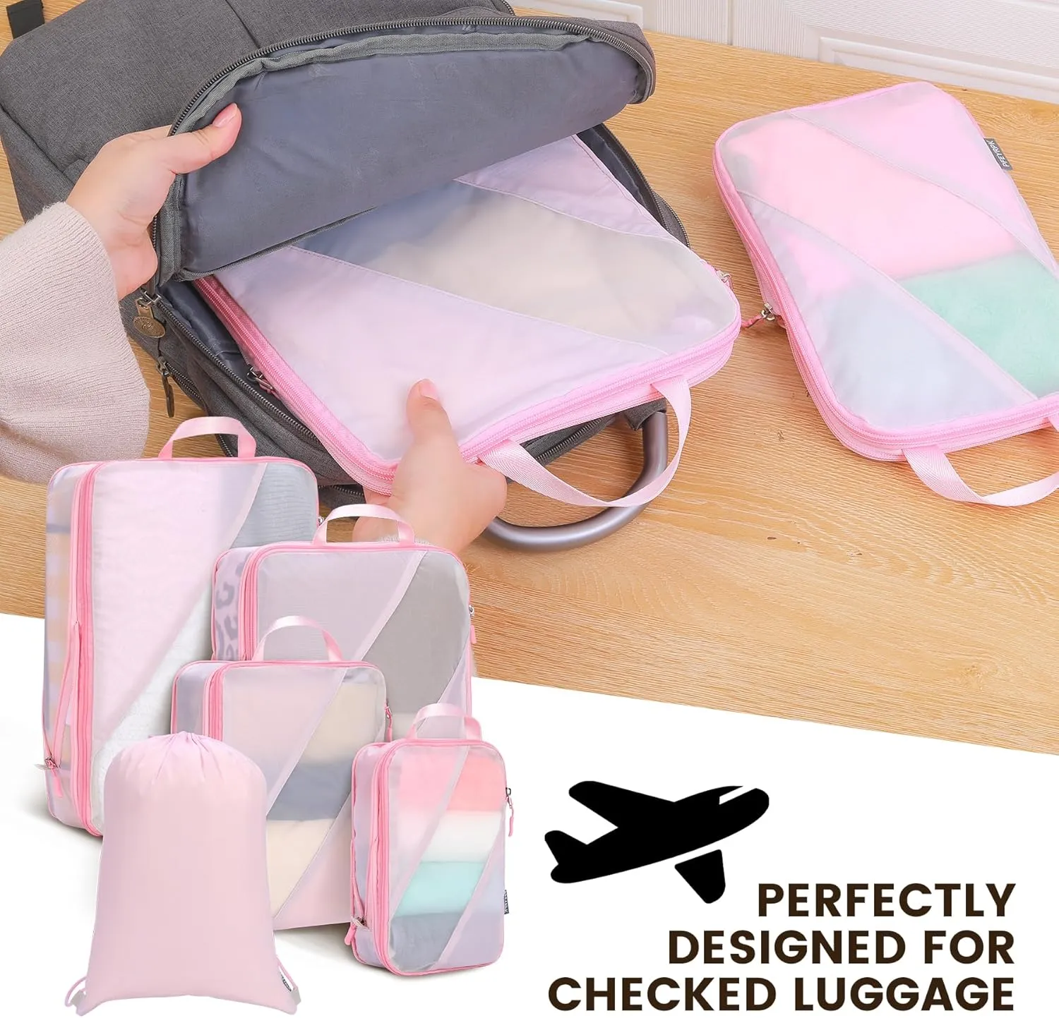 Compression Packing Cubes Set of 6, Travel Luggage Organizer for Suitcase, Packing Organizers for Travel Accessories, Breathable See Through Mesh, Durable Lightweight with Shoe Bags