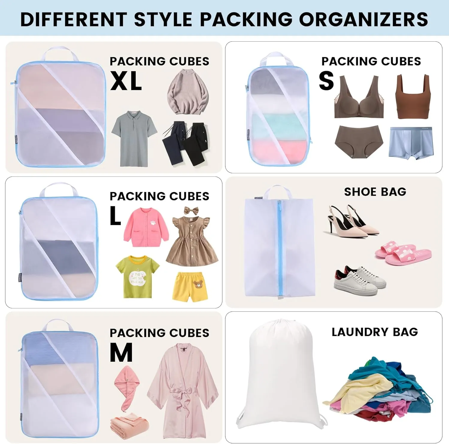 Compression Packing Cubes Set of 6, Travel Luggage Organizer for Suitcase, Packing Organizers for Travel Accessories, Breathable See Through Mesh, Durable Lightweight with Shoe Bags