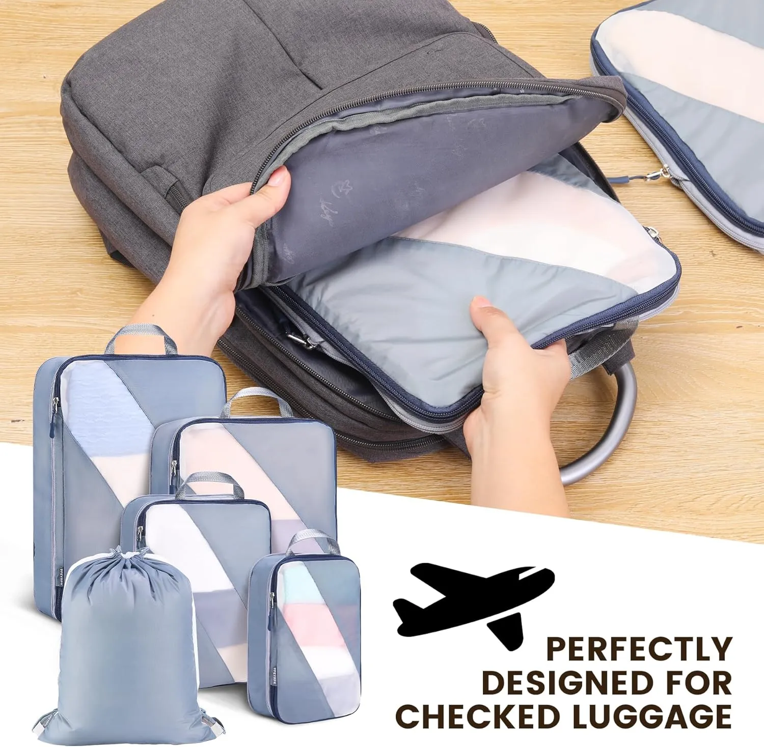 Compression Packing Cubes Set of 6, Travel Luggage Organizer for Suitcase, Packing Organizers for Travel Accessories, Breathable See Through Mesh, Durable Lightweight with Shoe Bags