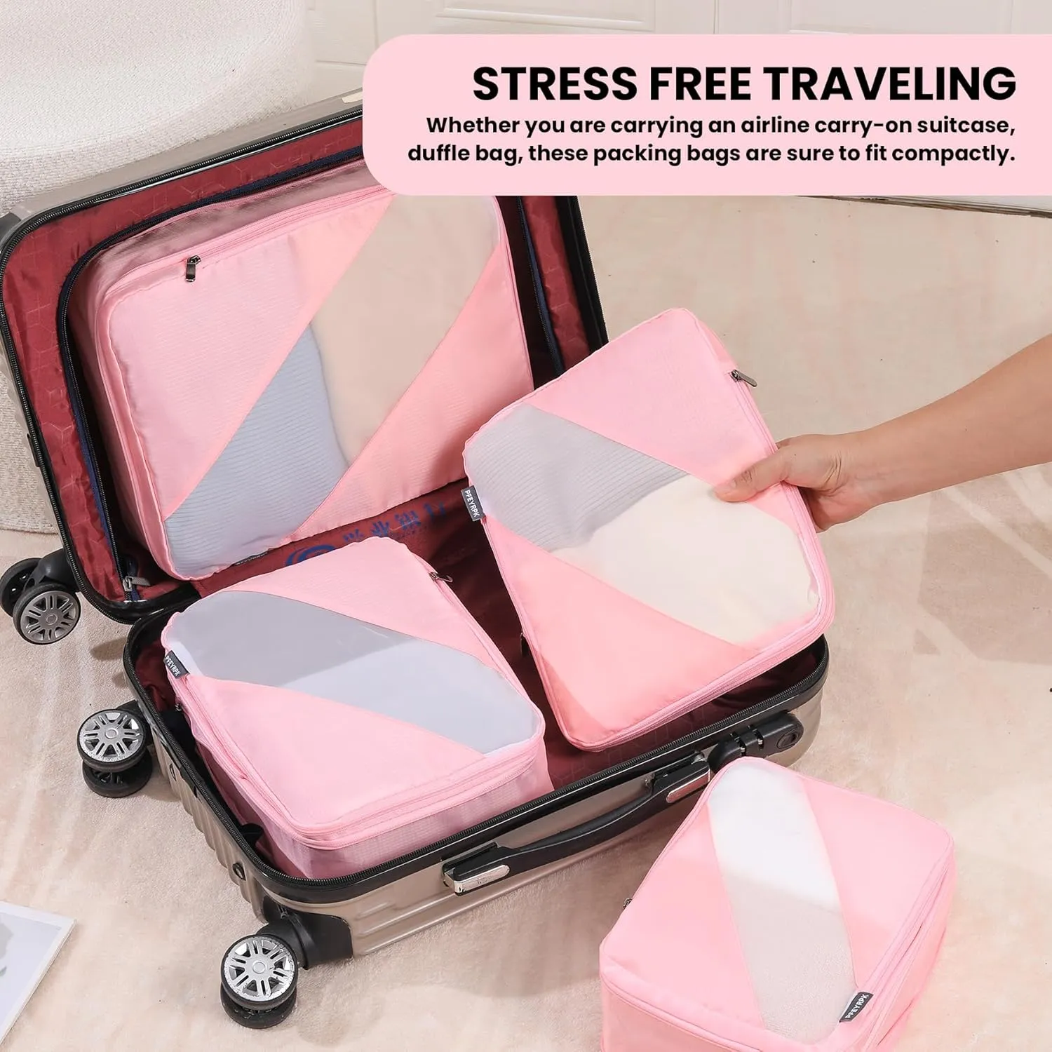 Compression Packing Cubes Set of 6, Travel Luggage Organizer for Suitcase, Packing Organizers for Travel Accessories, Breathable See Through Mesh, Durable Lightweight with Shoe Bags