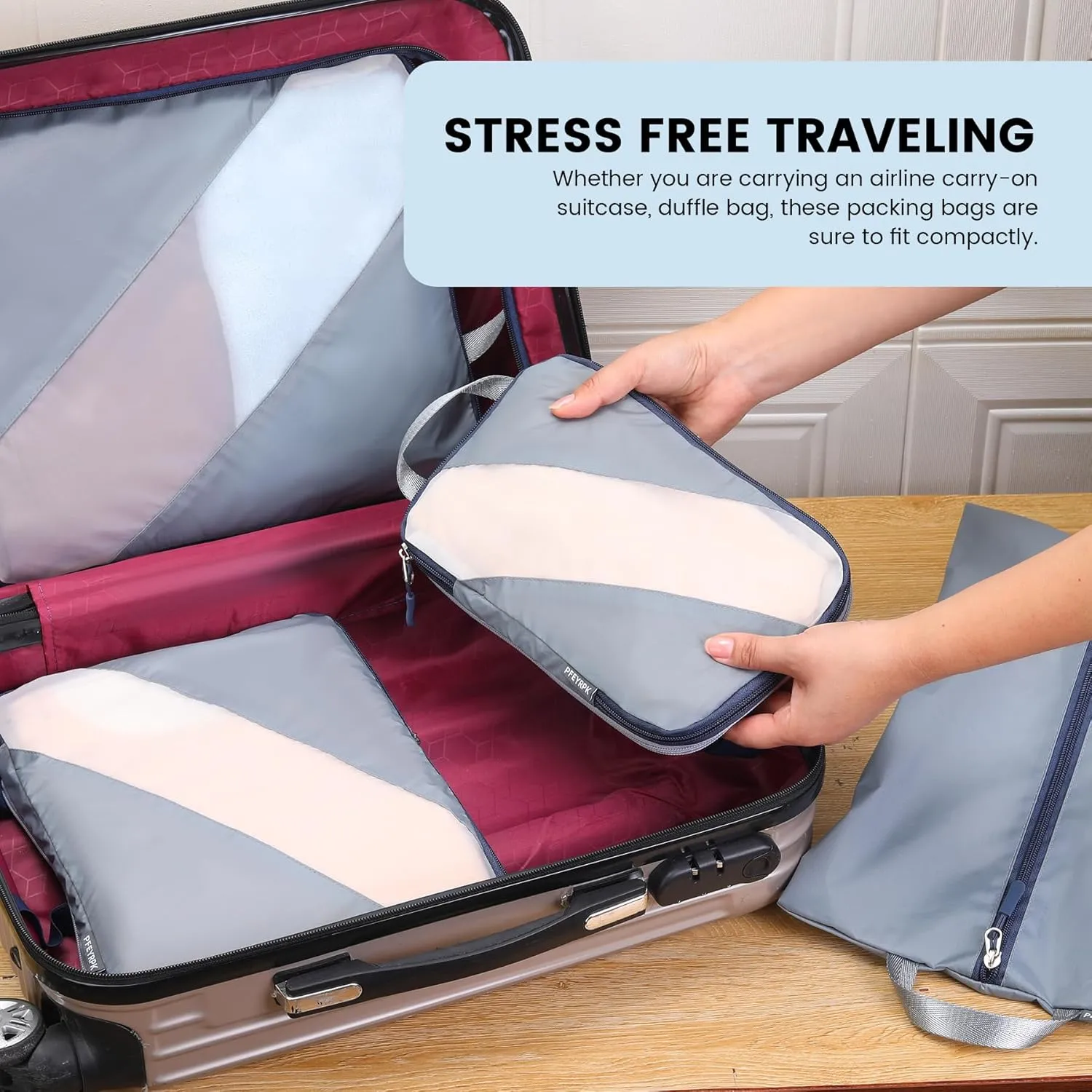 Compression Packing Cubes Set of 6, Travel Luggage Organizer for Suitcase, Packing Organizers for Travel Accessories, Breathable See Through Mesh, Durable Lightweight with Shoe Bags