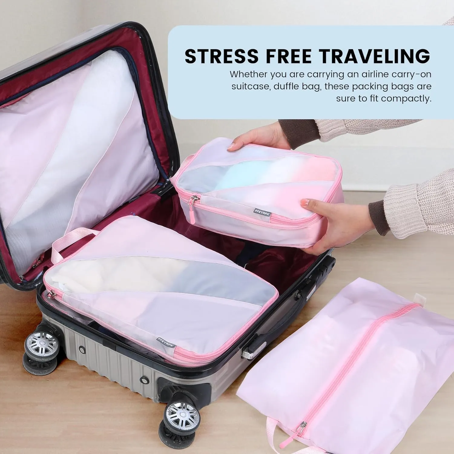 Compression Packing Cubes Set of 6, Travel Luggage Organizer for Suitcase, Packing Organizers for Travel Accessories, Breathable See Through Mesh, Durable Lightweight with Shoe Bags
