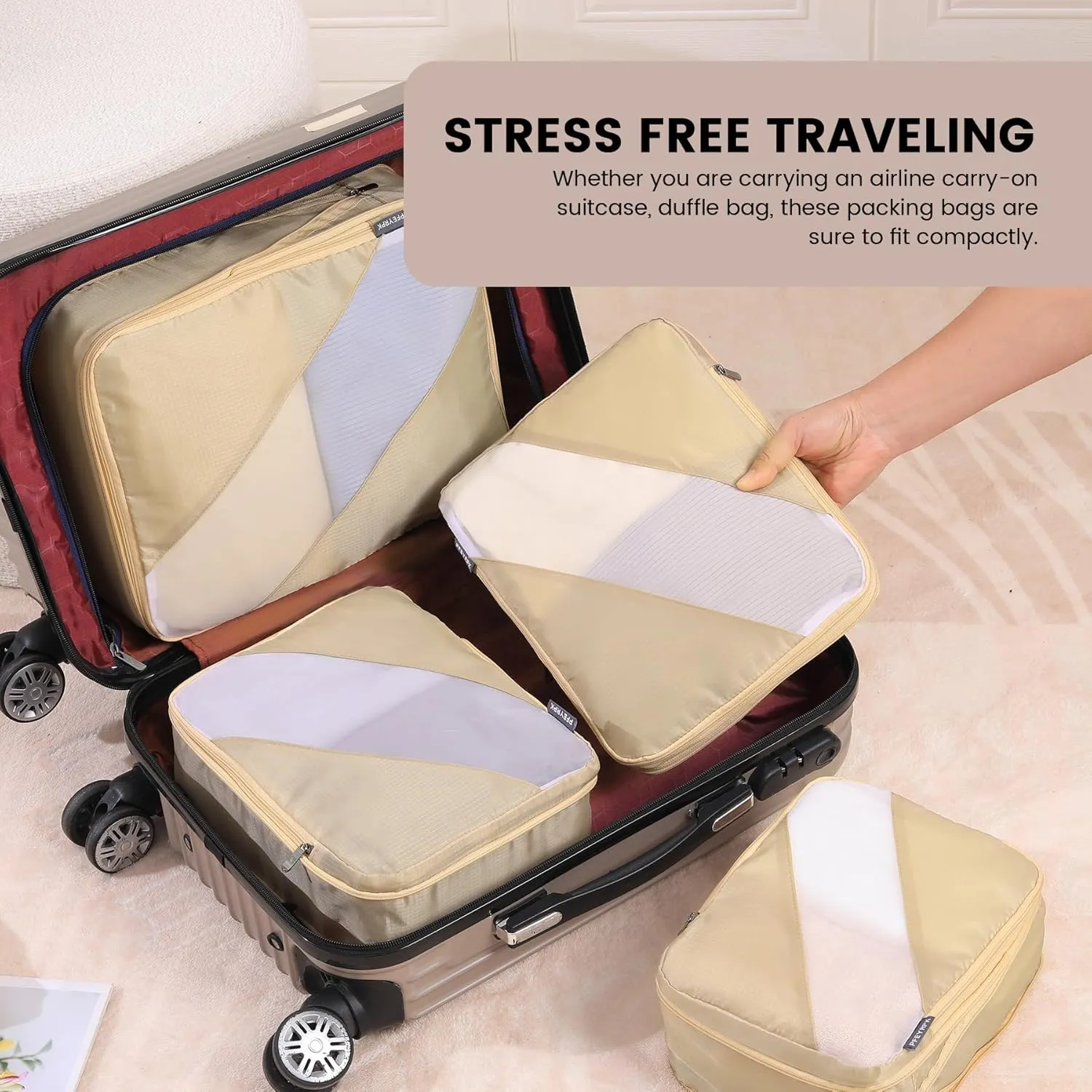 Compression Packing Cubes Set of 6, Travel Luggage Organizer for Suitcase, Packing Organizers for Travel Accessories, Breathable See Through Mesh, Durable Lightweight with Shoe Bags