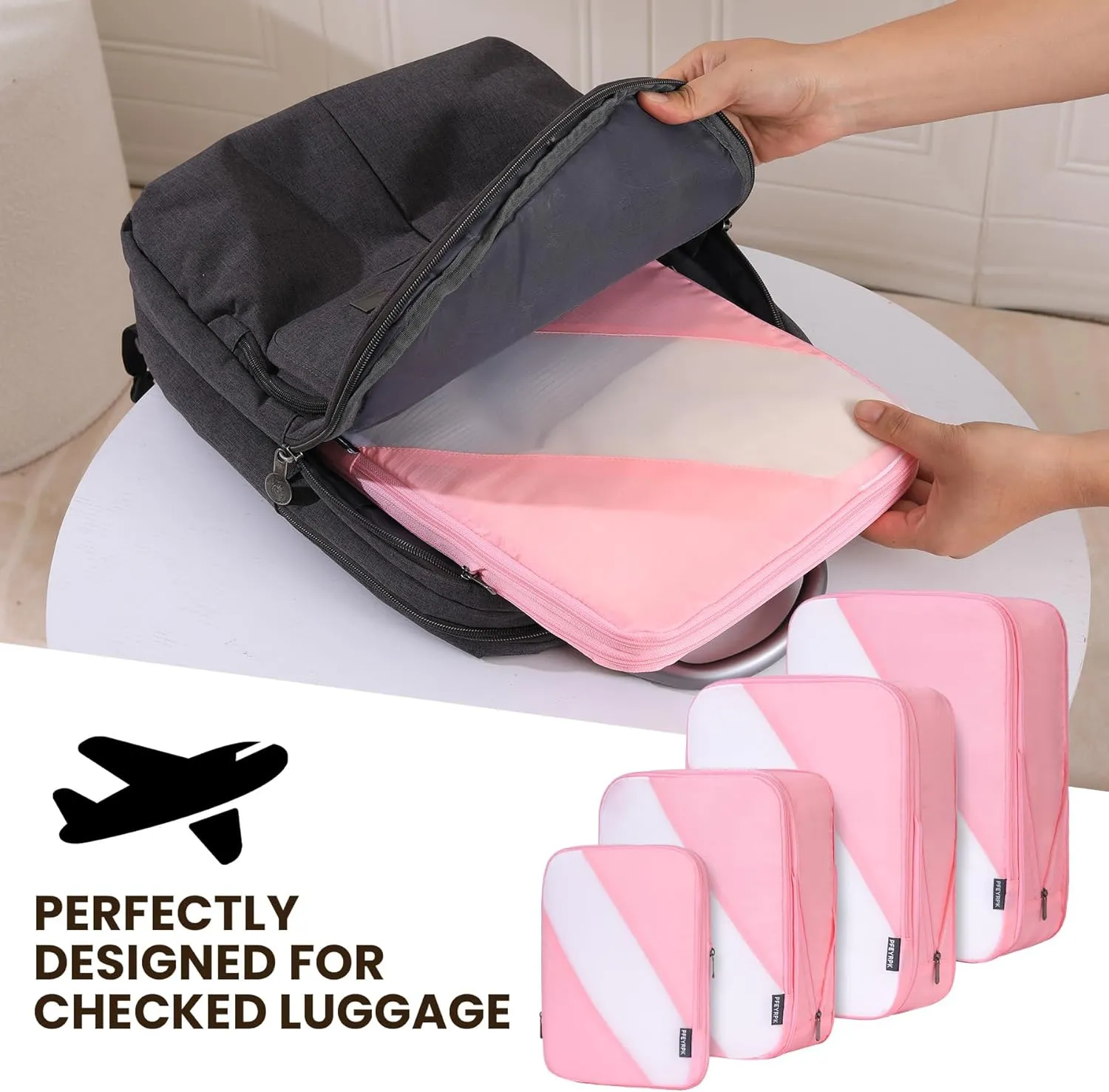 Compression Packing Cubes Set of 6, Travel Luggage Organizer for Suitcase, Packing Organizers for Travel Accessories, Breathable See Through Mesh, Durable Lightweight with Shoe Bags