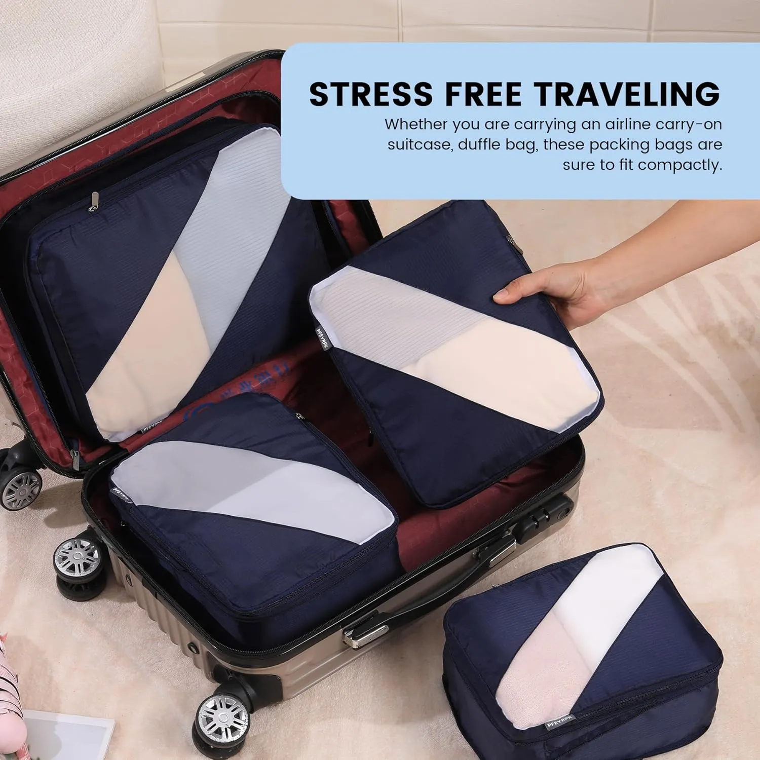 Compression Packing Cubes Set of 6, Travel Luggage Organizer for Suitcase, Packing Organizers for Travel Accessories, Breathable See Through Mesh, Durable Lightweight with Shoe Bags