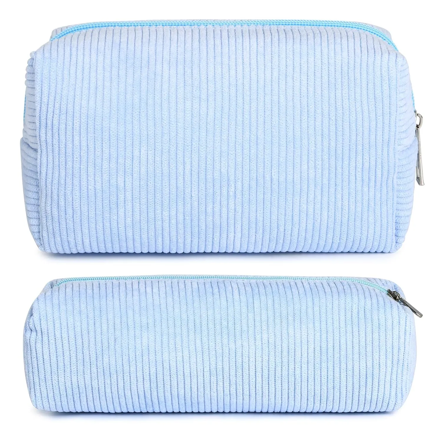 Corduroy Cosmetic Bag - Cute Blue Makeup Pouch, Large Capacity, Travel Toiletry Bag Organizer with 1Pcs Makeup Brushes Storage