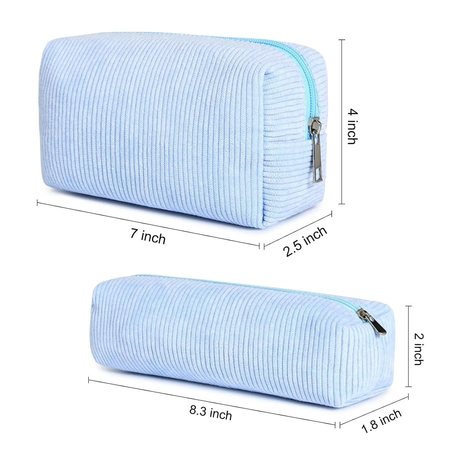 Corduroy Cosmetic Bag - Cute Blue Makeup Pouch, Large Capacity, Travel Toiletry Bag Organizer with 1Pcs Makeup Brushes Storage