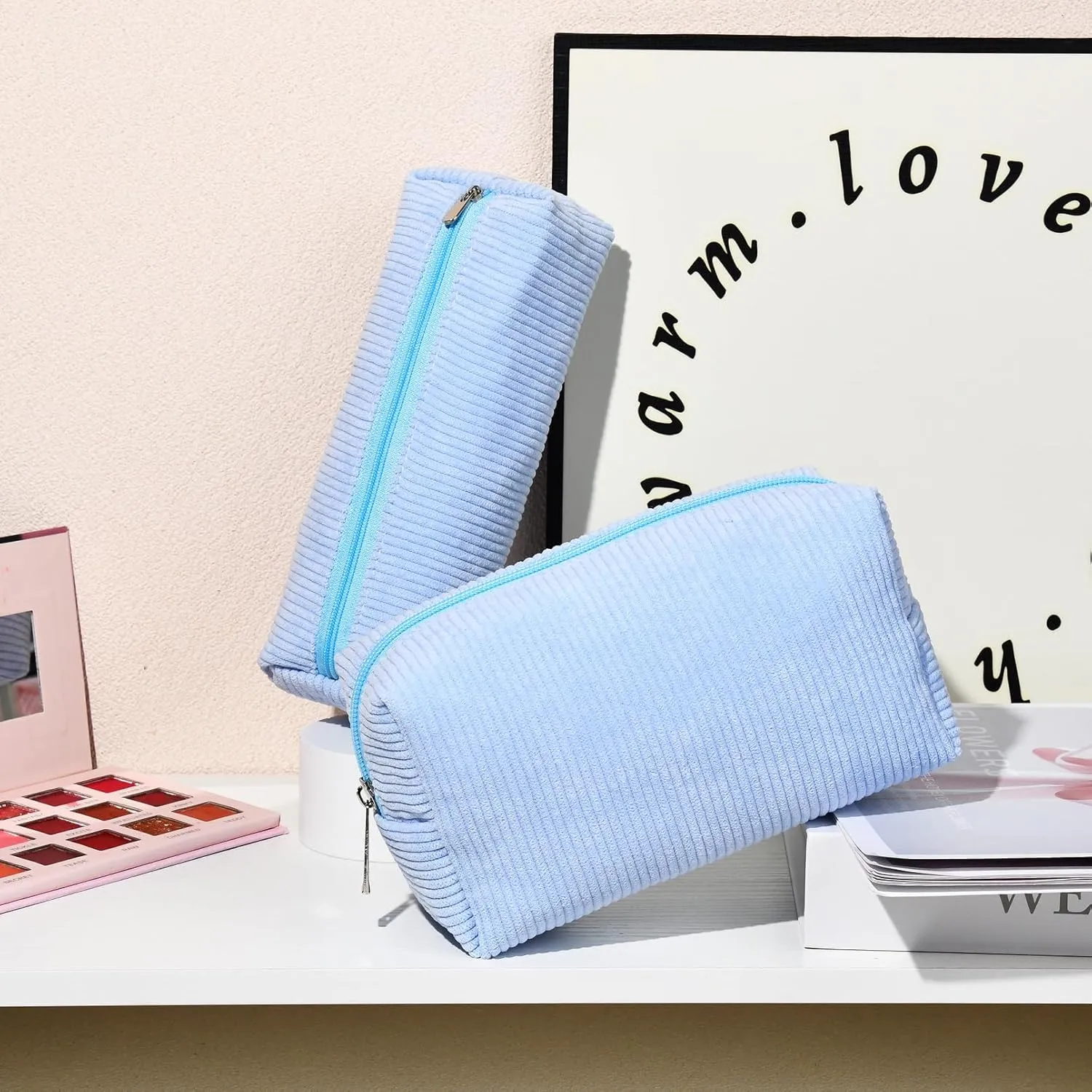 Corduroy Cosmetic Bag - Cute Blue Makeup Pouch, Large Capacity, Travel Toiletry Bag Organizer with 1Pcs Makeup Brushes Storage