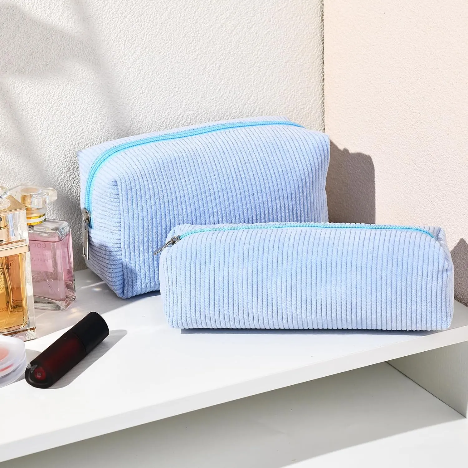 Corduroy Cosmetic Bag - Cute Blue Makeup Pouch, Large Capacity, Travel Toiletry Bag Organizer with 1Pcs Makeup Brushes Storage
