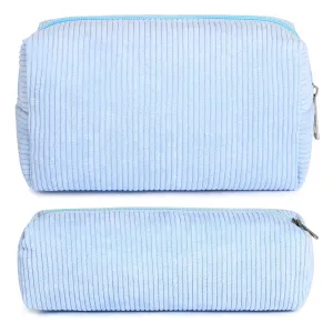 Corduroy Cosmetic Bag - Cute Blue Makeup Pouch, Large Capacity, Travel Toiletry Bag Organizer with 1Pcs Makeup Brushes Storage