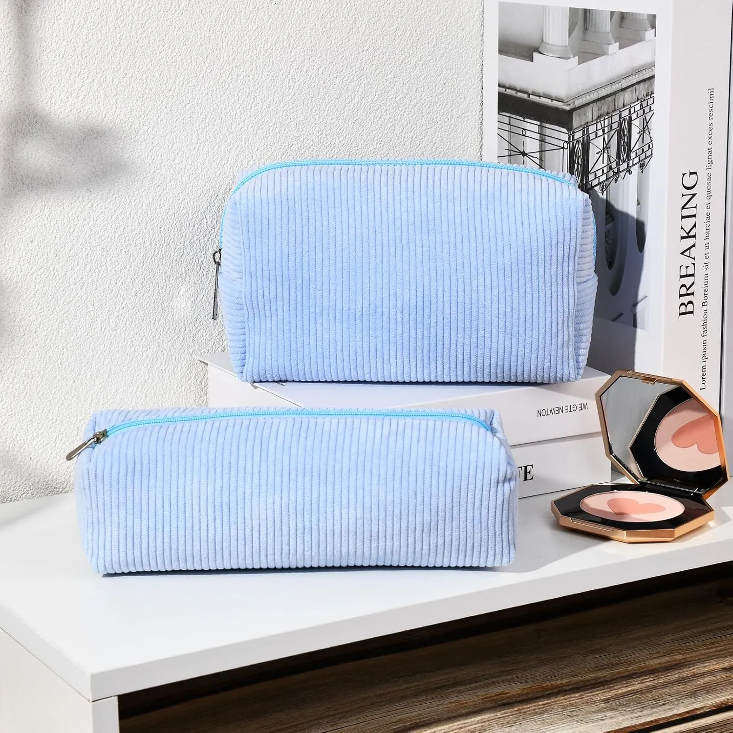 Corduroy Cosmetic Bag - Cute Blue Makeup Pouch, Large Capacity, Travel Toiletry Bag Organizer with 1Pcs Makeup Brushes Storage
