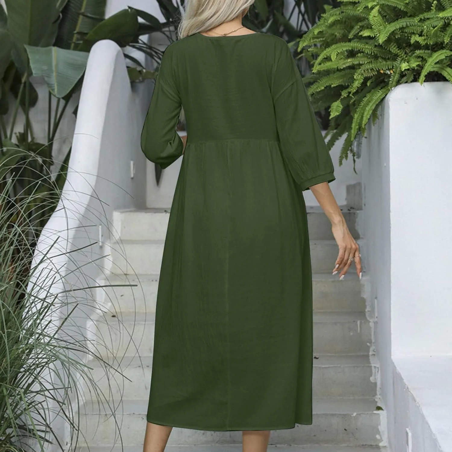 Cotton Linen Midi Dresses Women's Casual Loose Summer Short Sleeve Beach Vacation Dress Trendy Plain Tunic Sundresses