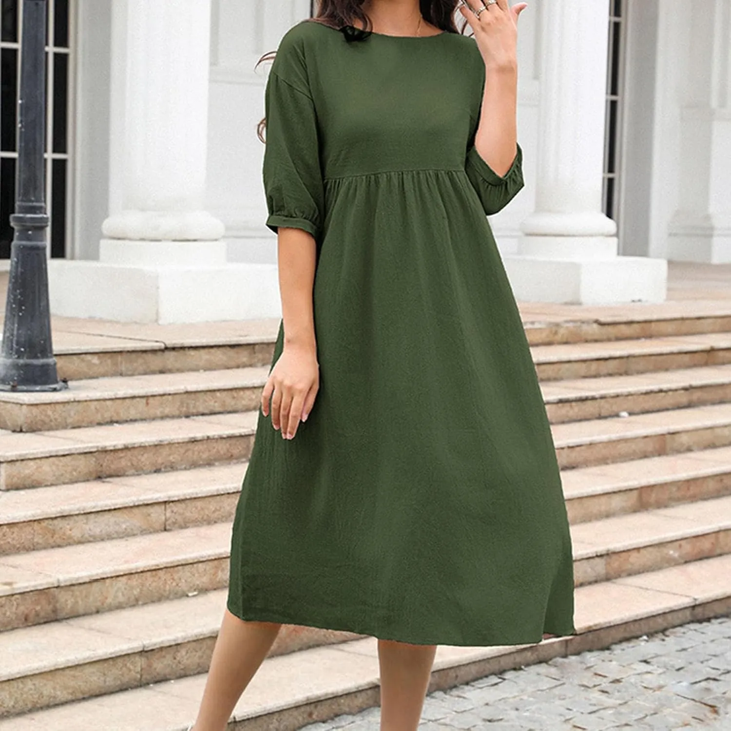 Cotton Linen Midi Dresses Women's Casual Loose Summer Short Sleeve Beach Vacation Dress Trendy Plain Tunic Sundresses