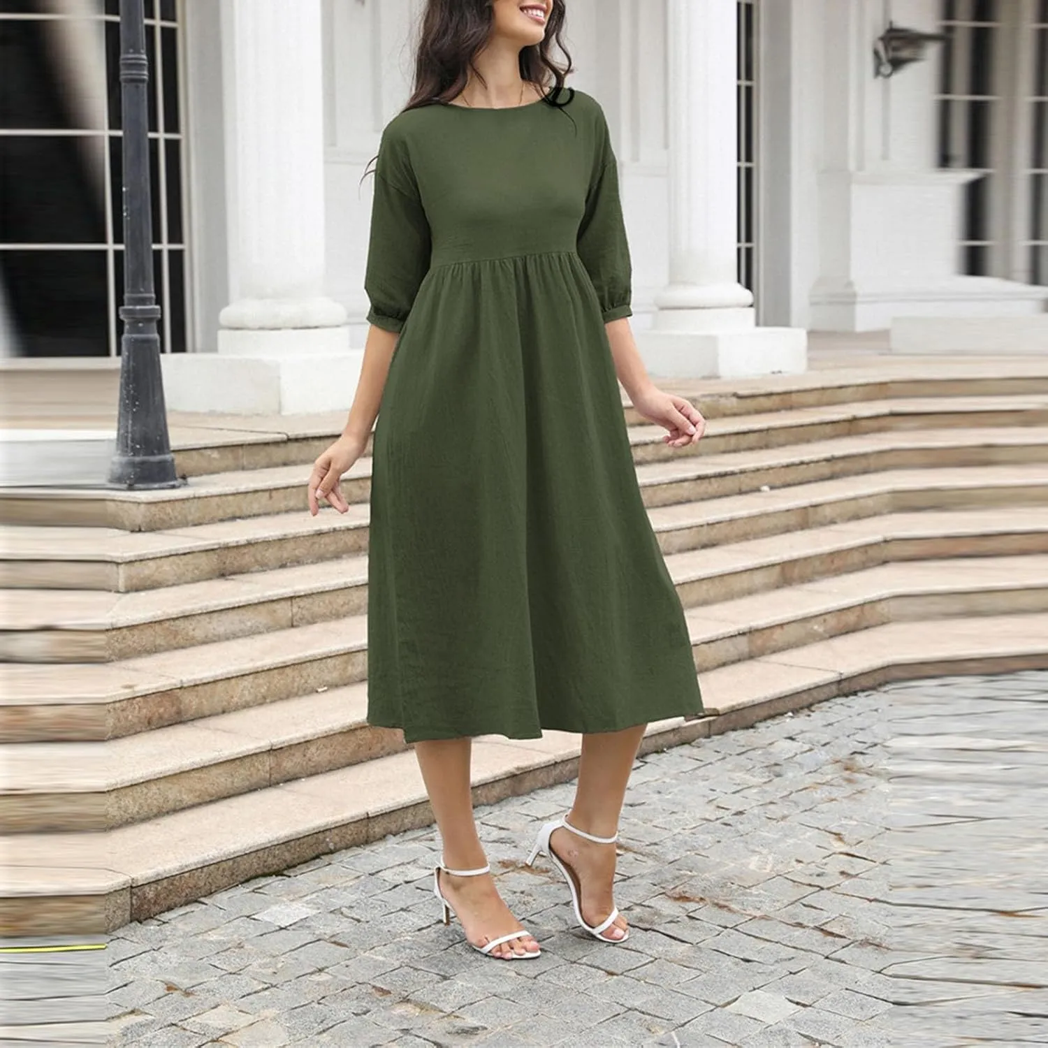 Cotton Linen Midi Dresses Women's Casual Loose Summer Short Sleeve Beach Vacation Dress Trendy Plain Tunic Sundresses