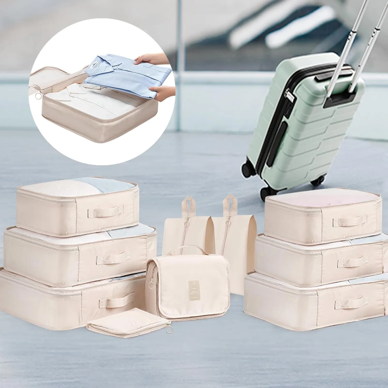 Cream Packing Cubes Set - 10 Travel Organizers for Luggage, Suitcase Essentials