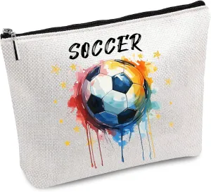 CREATCABIN Soccer Makeup Bag Canvas Cosmetic Bag Multi Purpose Pen Case Zipper Toiletry Travel Bag Case Purse Pouches Portable Survival Kit for Women Football Fans Friends Soccer Coach Gifts 10x7Inch