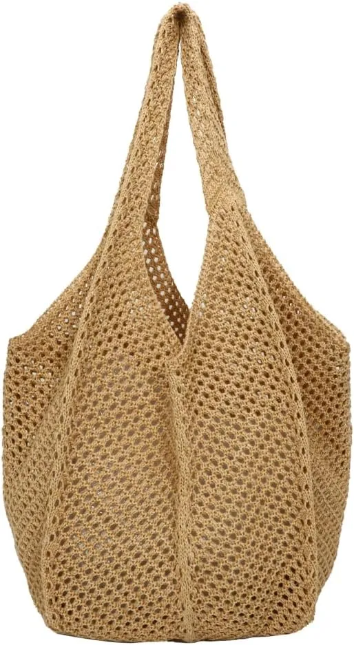 Crochet Tote Bag, Mesh Beach Knit Bags for Women, Straw Bucket Bag, Womens Summer Handbag Hobo Shoulder Bag