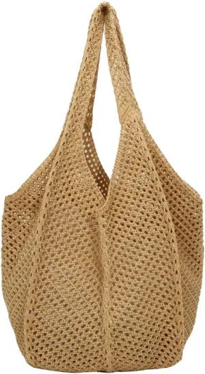 Crochet Tote Bag, Mesh Beach Knit Bags for Women, Straw Bucket Bag, Womens Summer Handbag Hobo Shoulder Bag