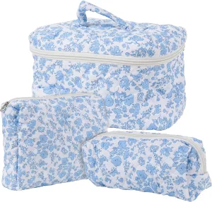 Cute Cosmetic Bag Set Quilted Design, 3-Piece Country Rustic Floral Makeup Bags with Zipper, Travel Toiletry Organizer Set, Blue and White Flower
