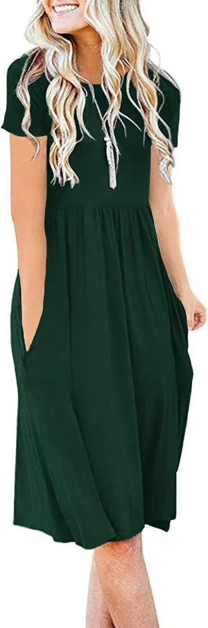 DB MOON Women Summer Casual Short Sleeve Dresses Empire Waist Dress with Pockets