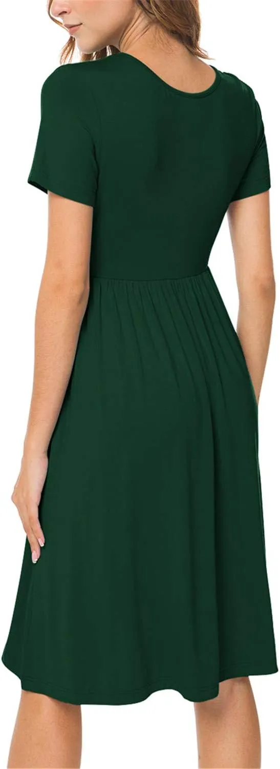 DB MOON Women Summer Casual Short Sleeve Dresses Empire Waist Dress with Pockets