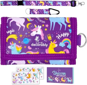 Decorably Trifold Unicorn Wallet for Kids, Multi-Compartment Kids Wallet for Girls Ages 5-7 with Coin Pocket, Card Slots, Stickers