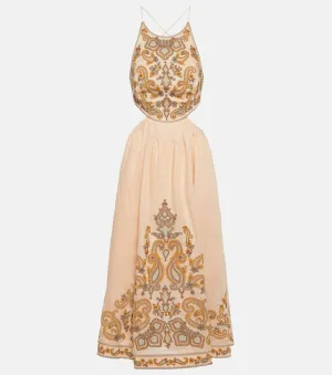 Devi midi dress in linen with ZIMMERMANN embroidery, gold