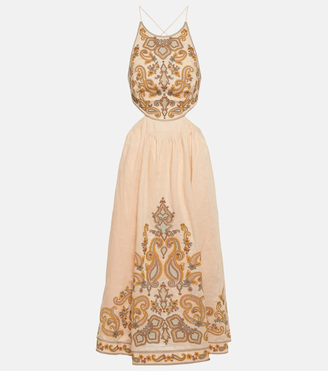 Devi midi dress in linen with ZIMMERMANN embroidery, gold