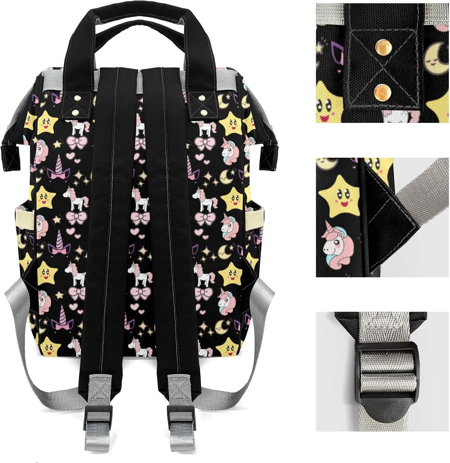 Diaper Bags Unicorn Star Moon Bow Black Tote Bags Backpack with Name Mommy Nursing Bags Gifts for Women Men