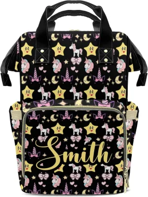Diaper Bags Unicorn Star Moon Bow Black Tote Bags Backpack with Name Mommy Nursing Bags Gifts for Women Men