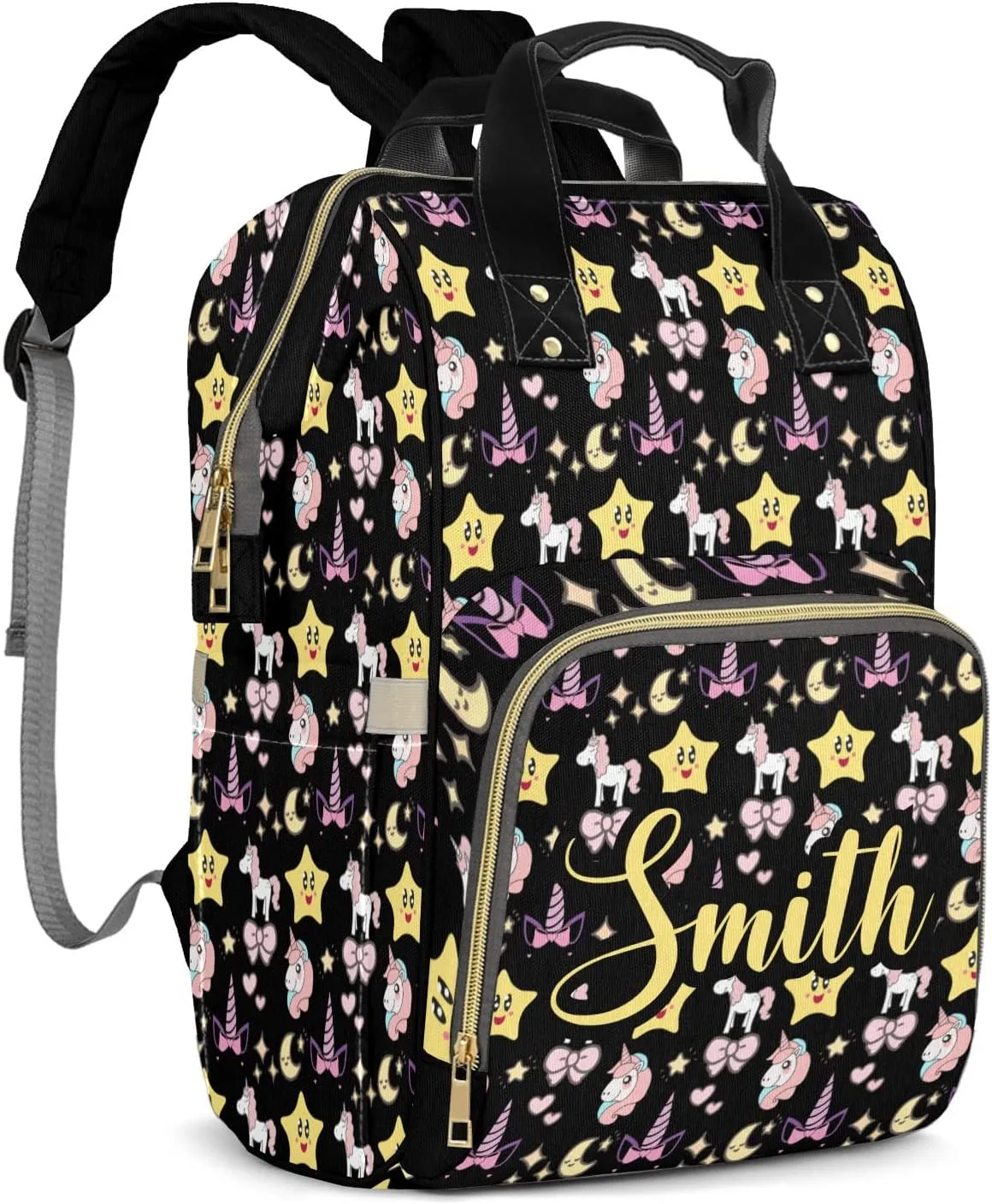 Diaper Bags Unicorn Star Moon Bow Black Tote Bags Backpack with Name Mommy Nursing Bags Gifts for Women Men