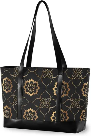 Elegant Golden Flower Black trendy womens work tote bag with zipper for school with diaper bolsa para laptop mujer